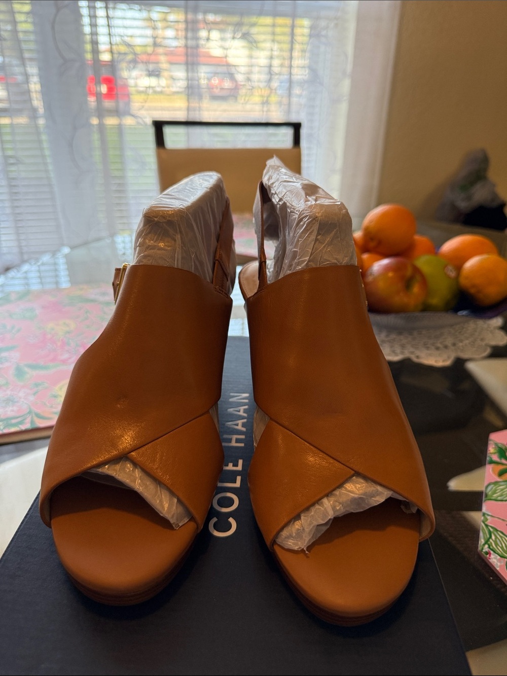 Cole Haan Tan Leather Open-Toe Crossover Mules